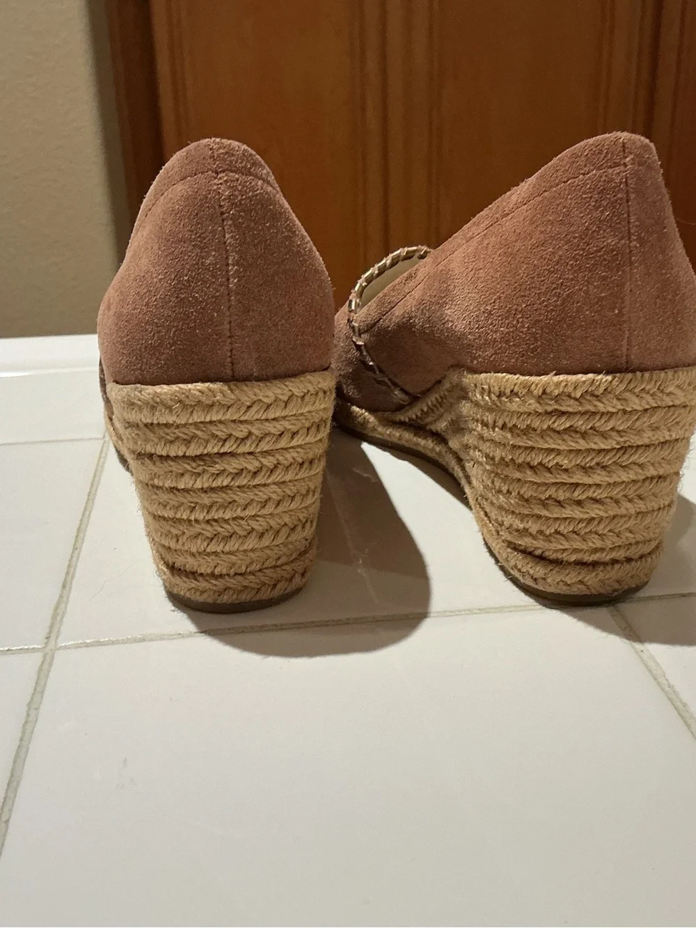 Jack Rogers Palmer Espadrille Wedge Sandals Rose Gold Suede Whipstitch Peep Toe